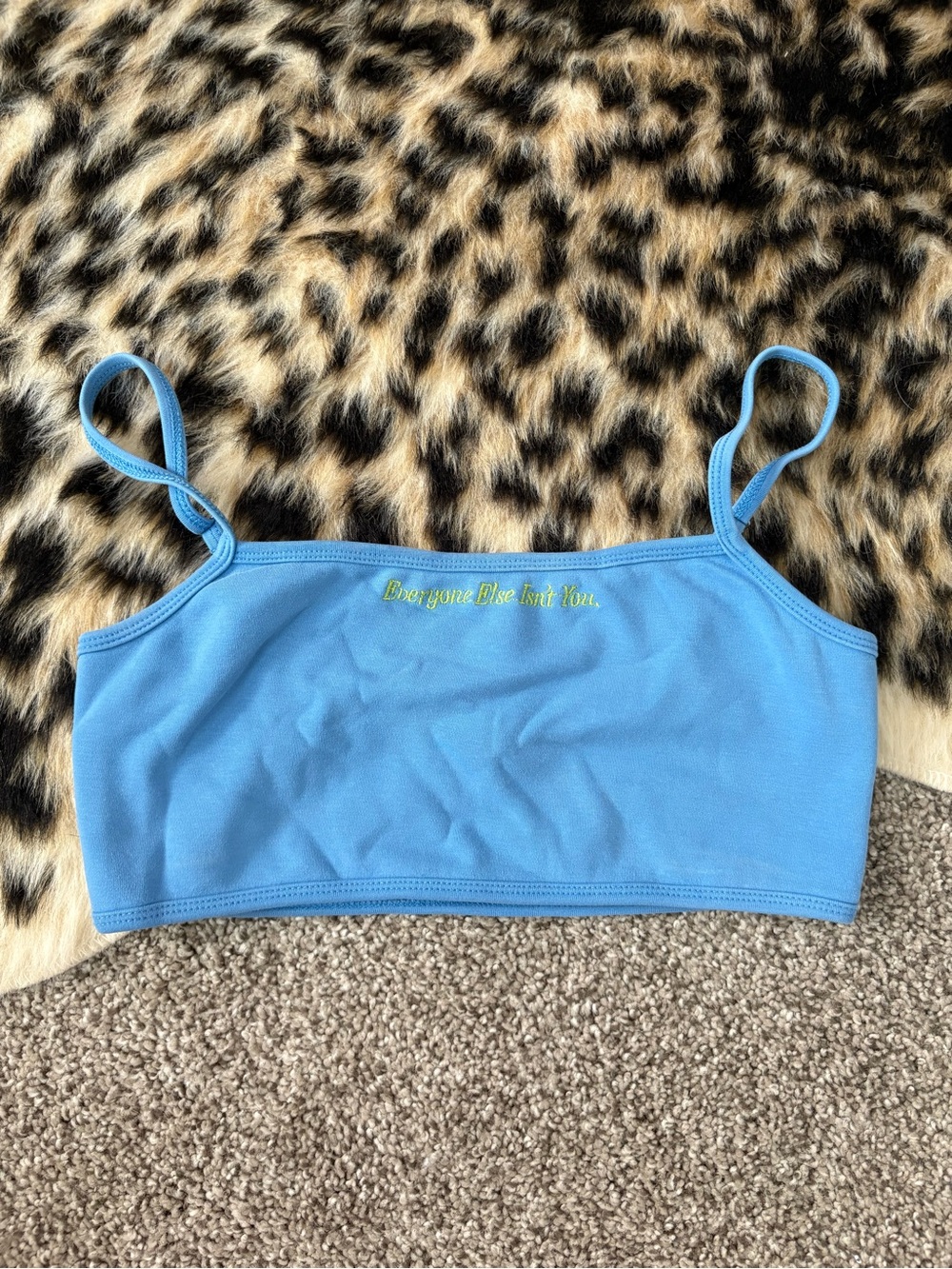 Blue Spaghetti-Strap Bralette with Yellow Script